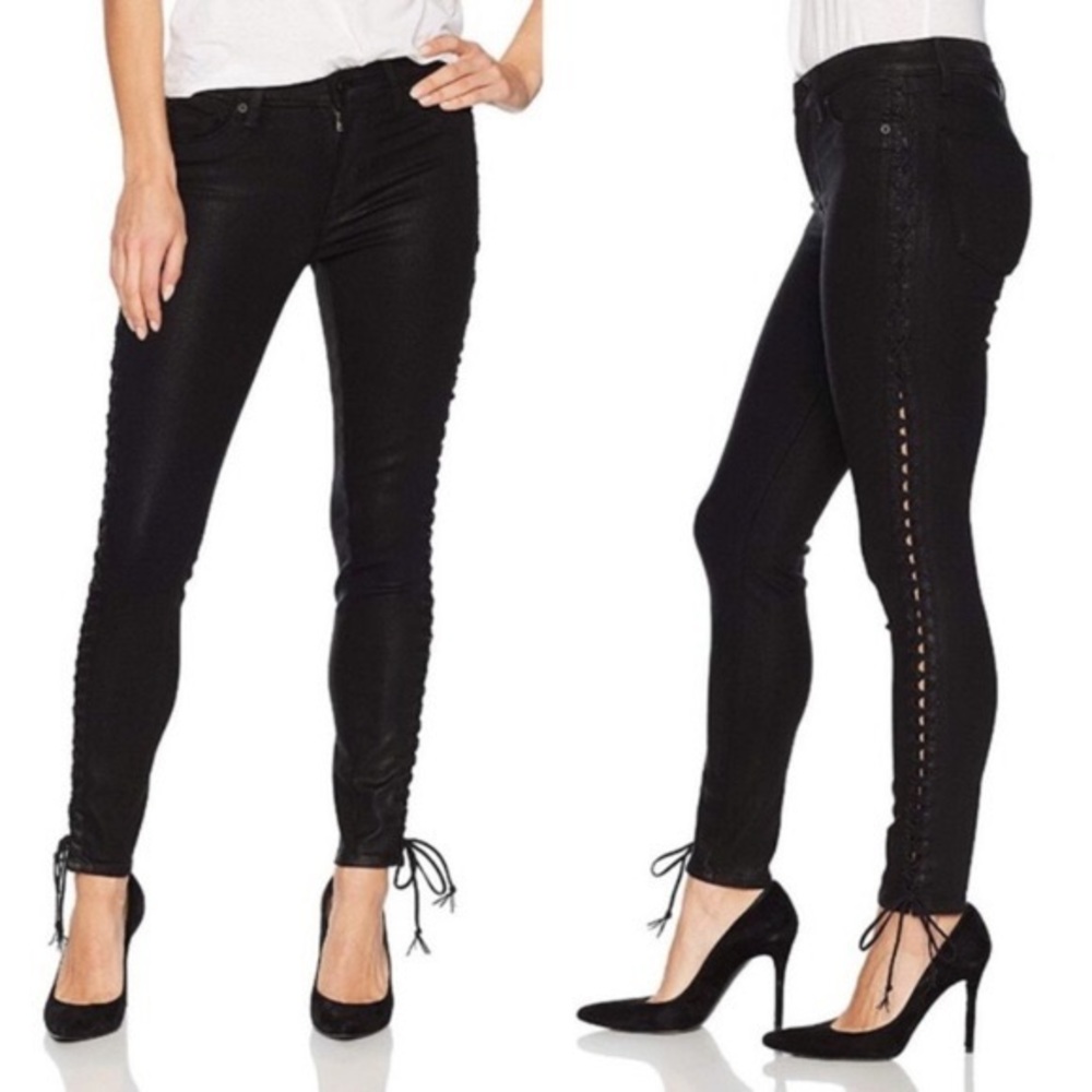 Hudson Jeans | The Stevie Lace Up Skinny Jeans Black Coated Mid Rise 25